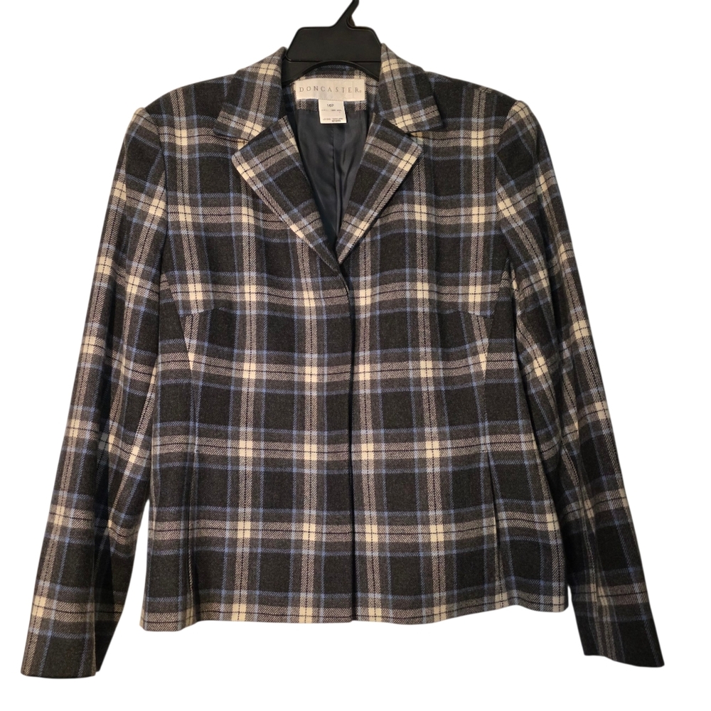 Doncaster Wool Black Gray Blue Blazer Timeless Preppy Plaid Design EUC Size 16P